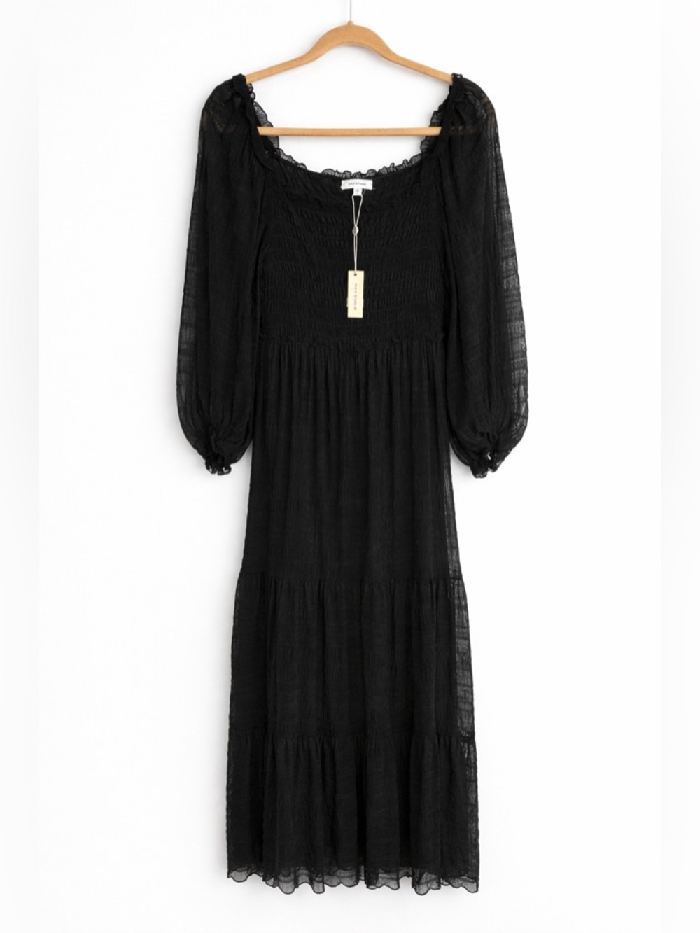 Max Studio Black Smocked Midi Dress Sheer Sleeve Soft Goth Dark Romance Sz S NWT
